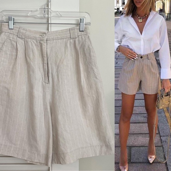 Vintage 90s Cotton-Linen Striped Highwaisted Shorts - Picture 4 of 13